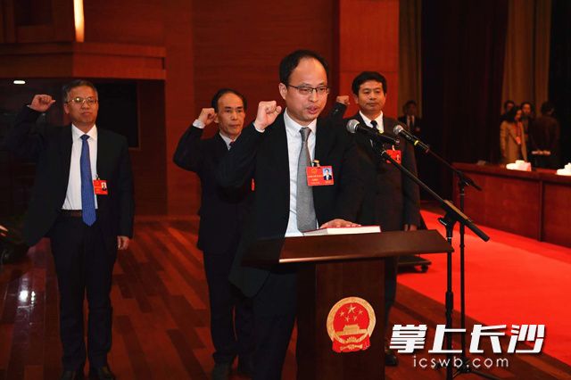 今日下午，新当选的长沙市监察委员会主任蔡亭英，及新当选的长沙市第十五届人民代表大会常务委员会委员向宪法宣誓。长沙晚报记者 周柏平 摄