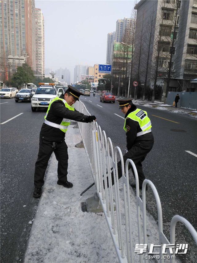 冰雪来临之时，城区损毁交通隔离设施的事故明显增多，大批护栏因事故撞毁、移位或倒地。29日早上，芙蓉区古曲路远大路口的护栏维护现场。