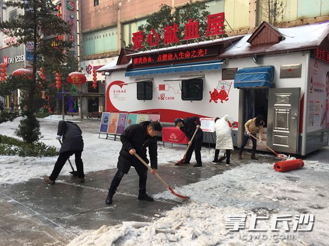 今天一早长沙血液中心干部职工赶往各献血点扫雪除冰，为献血者铺设热血安全通道。长沙晚报通讯员 宋龄 摄