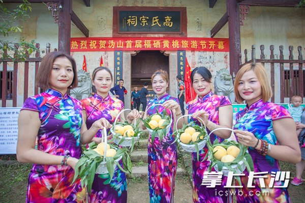 在沩山首届福硒黄桃旅游节开幕现场，当地的旗袍队成为了推介黄桃的形象大使。 记者 张禹 通讯员 张奇涛 摄影报道