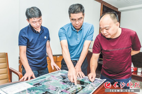 邹刚（中）打开大科城拆迁建设示意图，和同事探讨工作。　　长沙晚报记者 邹麟 摄