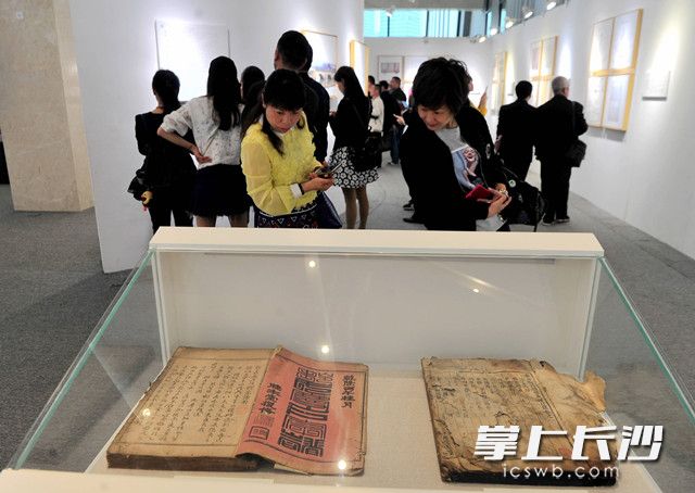 图书馆里展出的家谱。长沙晚报记者 贺文兵 摄