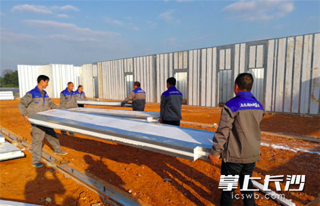 工人在使用3D定制板墙式绿色建筑材料搭建新房。
