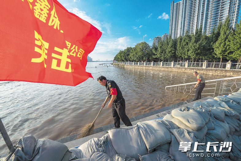 7月7日傍晚6时，湘江风光带湘江中路段，志愿者正在清扫河堤。 长沙晚报记者 陈飞 摄