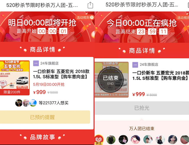 “18秒内，400台全被抢光！”5月19日零点，新电商拼多多平台“3.49万抢五菱宏光”致敬“国民神车”的活动引爆了消费需求，拼多多决定增加超600万补贴，将3.49万秒杀的幸运名单从10人大幅增加到400人。拼多多供图