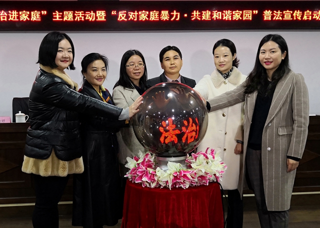 各主办方负责人共同触亮“法治进家庭”的启动球，正式拉开本次宣讲活动的序幕。