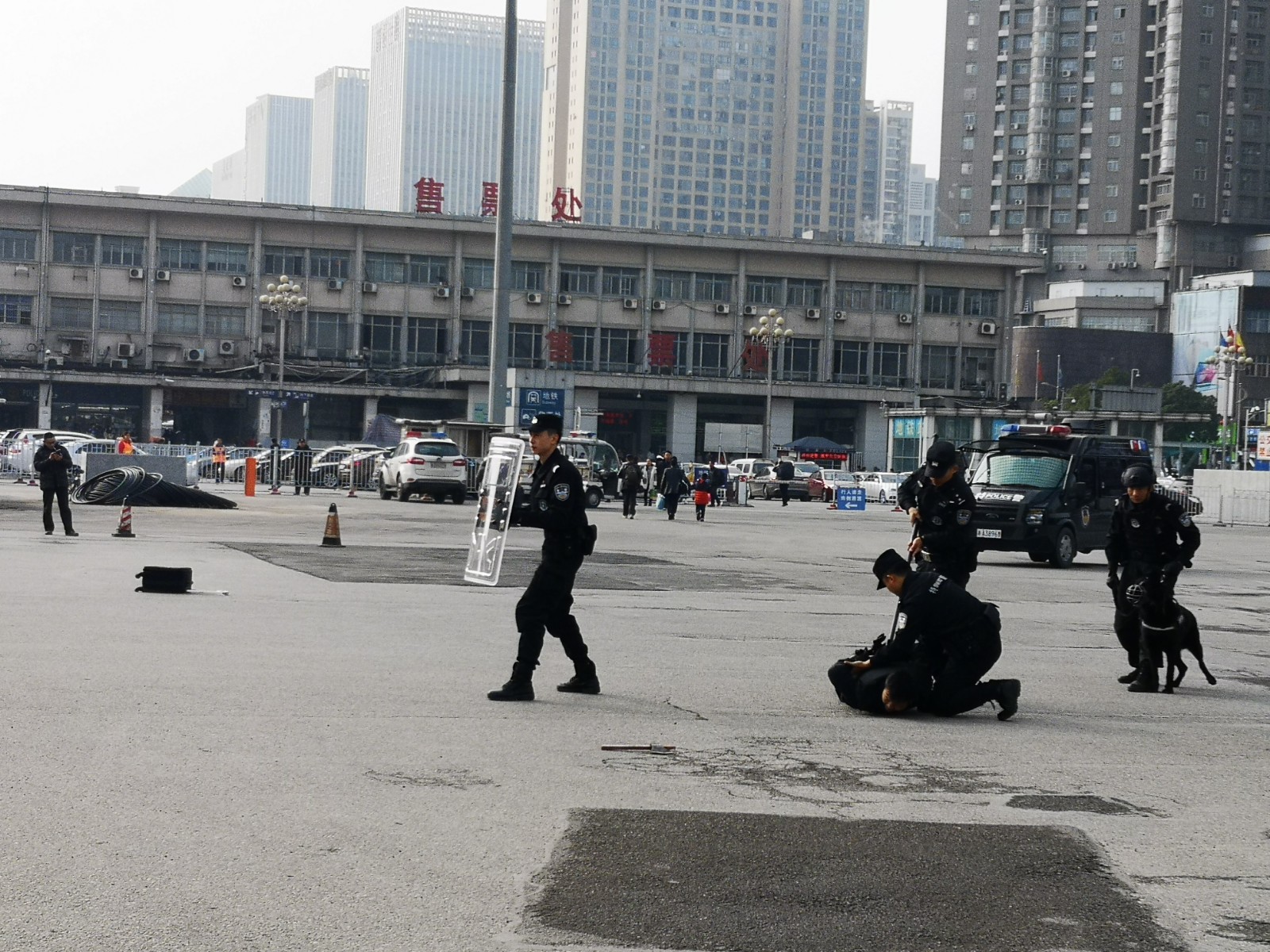 在演练中，警员们迅速控制住“嫌疑人”。 长沙晚报通讯员 段旖亮 摄