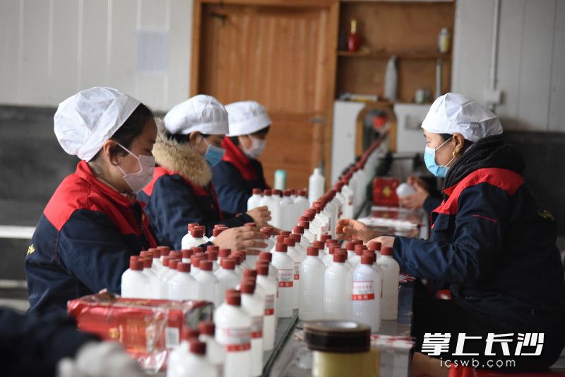 在位于浏阳市的浏阳河小曲手工酒庄生产车间内，工人们为医用酒精贴上标签。均为长沙晚报全媒体记者 刘琦 摄