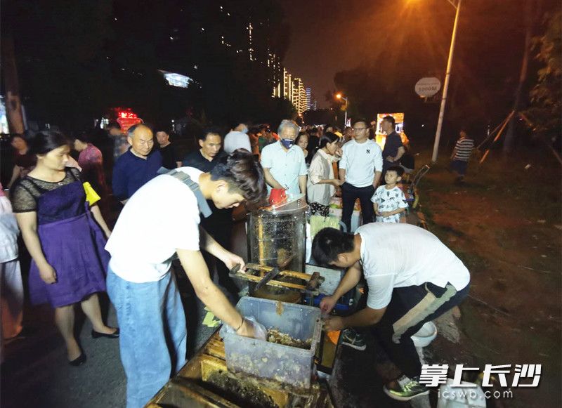 来自云南宣威的孔家兄弟摆摊贩卖自家的蜂蜜，路过的居民纷纷驻足围观购买。长沙晚报全媒体记者刘树源摄