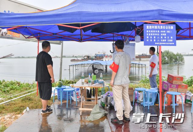 7月10日下午，湘江防洪大堤靖港段，党员干部和群众一起巡堤查险，守护家园。图片均为长沙晚报全媒体记者 邹麟 摄