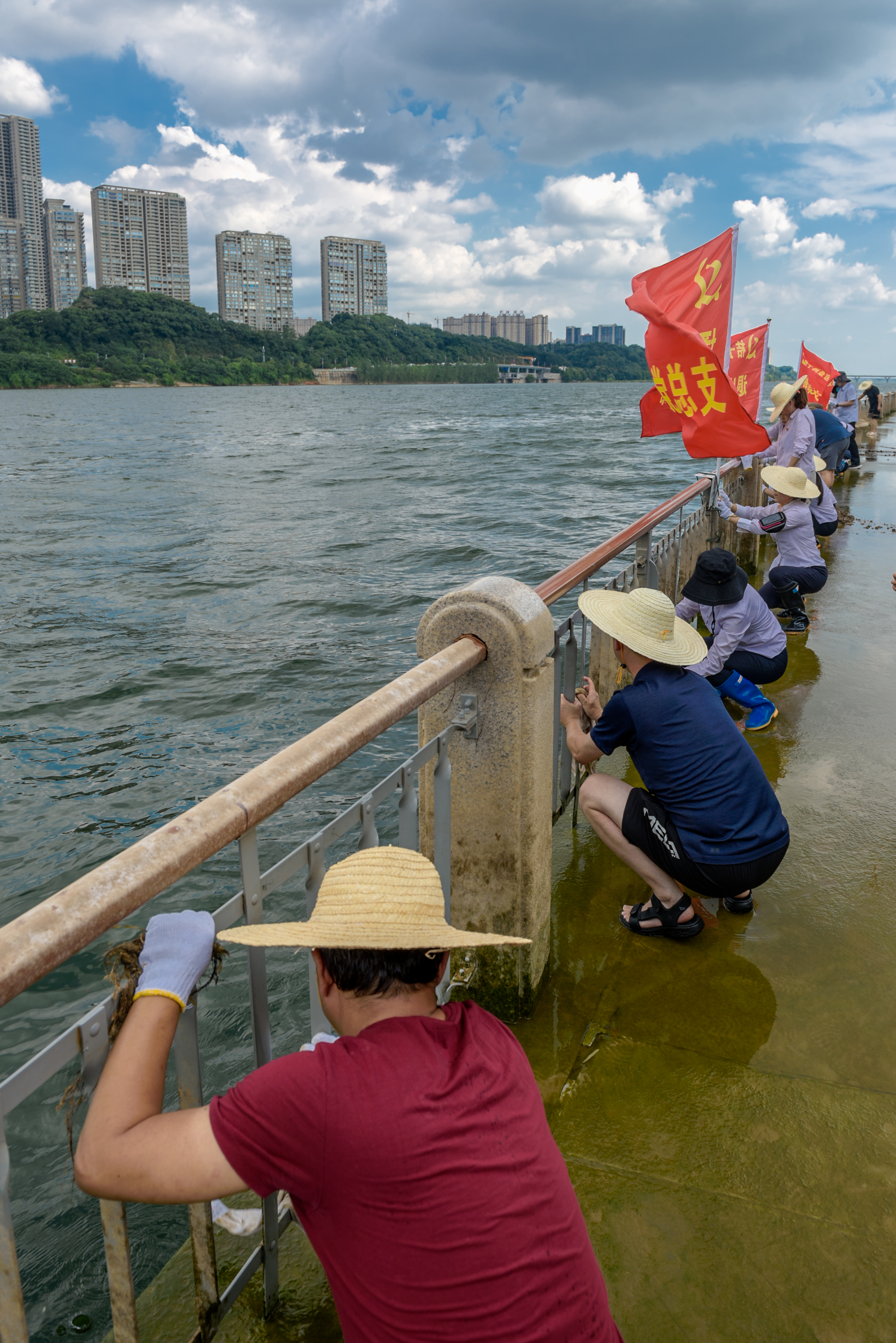 志愿者们纷纷来帮忙，橘子洲头党旗飘扬。