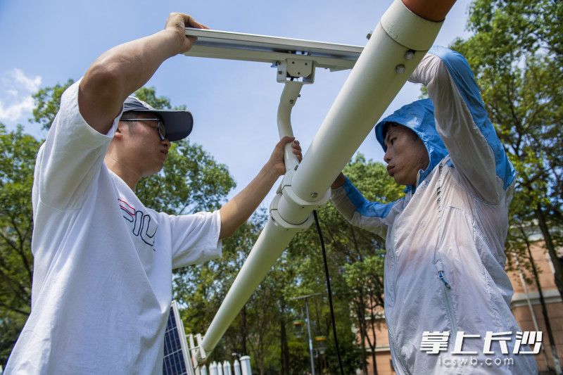 烈日下，长沙市气象局技术装备中心工程师崔强和江任远正在给风杆安装太阳能板。均为长沙晚报全媒体记者 邹麟 摄