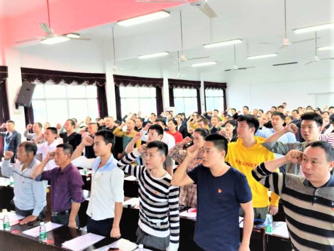 宁乡灰汤镇的返乡流动党员高举右拳，面对党旗重温入党誓词。