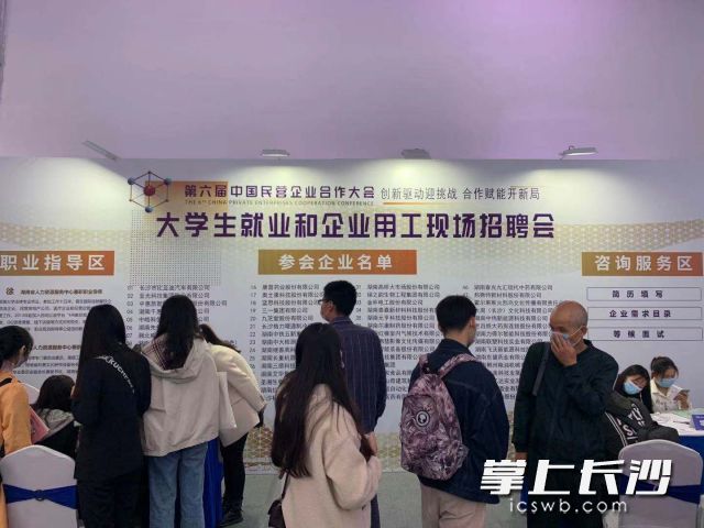 第六届中国民营企业合作大会大学生就业和企业用工现场招聘会今天举行，吸引了众多大学生参加。 全媒体记者 周辉霞 摄