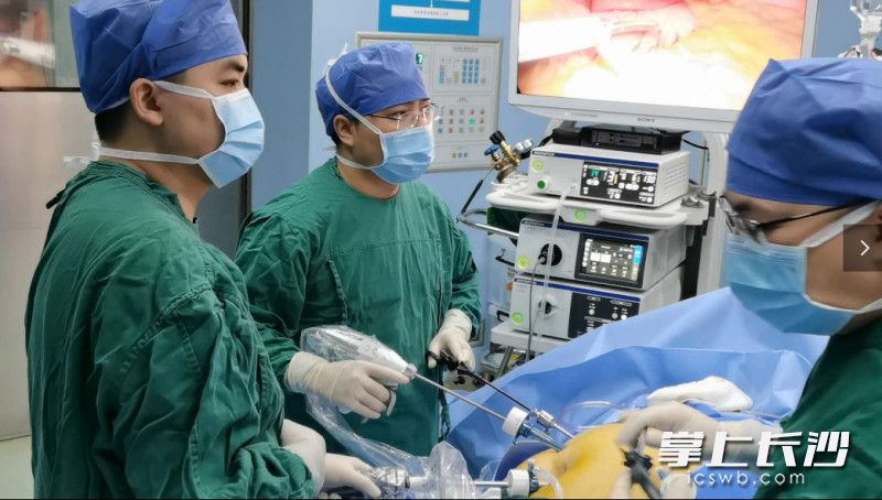 何恒正教授带领专家团队，为小悦实施腹腔镜下袖状胃减容手术。  均为医院供图