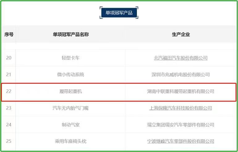 中联重科履带起重机获评第五批制造业单项冠军产品。