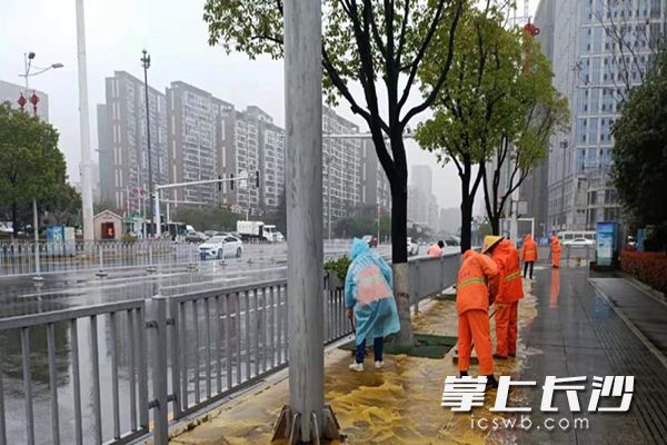 天心环卫工人清洗新韶西路人行道路面。