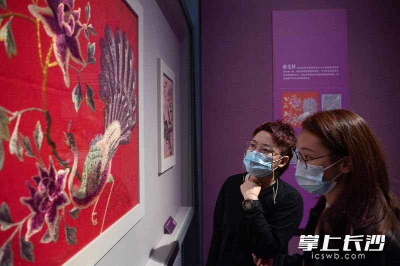 3月16日，“‘桃源工’系列展·刺绣篇 仙境有花开——清代民国时期桃源刺绣”展在湖南省博物馆开展，市民正在观看展览。图片均为长沙晚报全媒体记者 邹麟 摄