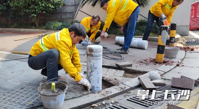 在体育馆路，开福区市政设施维护中心工人们正在对破损人行道进行修复。通讯员 李伟 摄