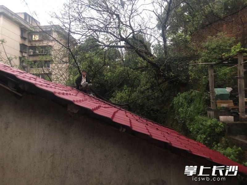 男子被困屋顶。均为长沙晚报通讯员 唐雄杰 供图