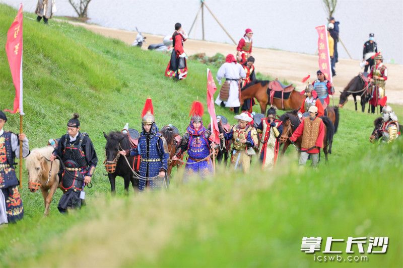 身披甲胄的甲士与战马组成的甲士骑兵方阵，模拟军营排兵布阵、列队巡游。