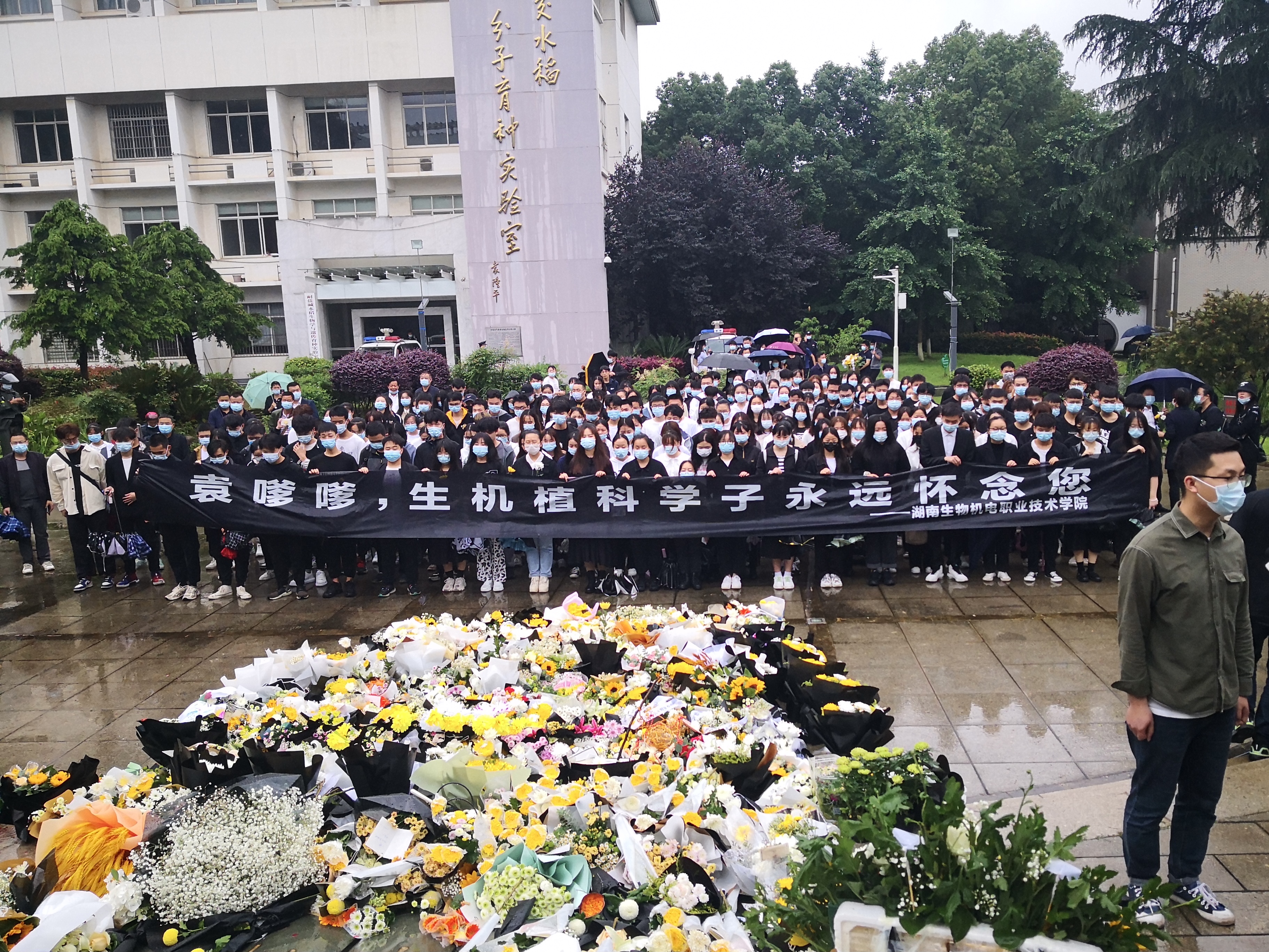 5月23日，湖南生物机电职业技术学院师生在湖南杂交水稻研究中心悼念袁隆平院士。全媒体记者石祯专 通讯员易思彤摄影报道