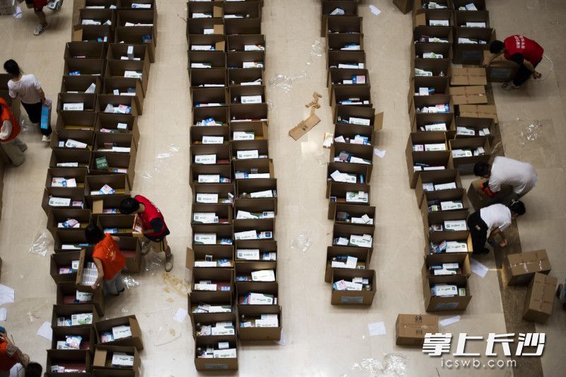 在长沙市青少年宫，星城学雷锋志愿者和小杜鹃志愿者分工打包防疫和关爱物资