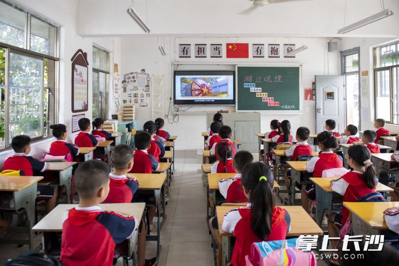 新民小学学生集体观看《开学第一课》视频。图片均为长沙晚报全媒体记者 郭雨滴 刘晓敏 摄