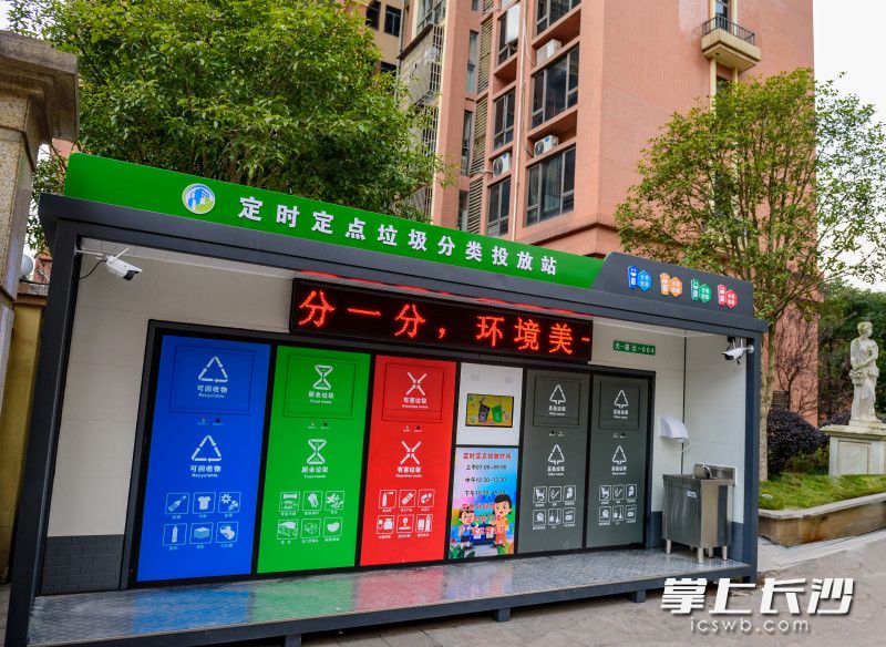 华月湖社区新建成投入使用的定时定点垃圾投放站。 