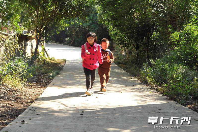 放午学的小姐弟手牵手回家吃饭。