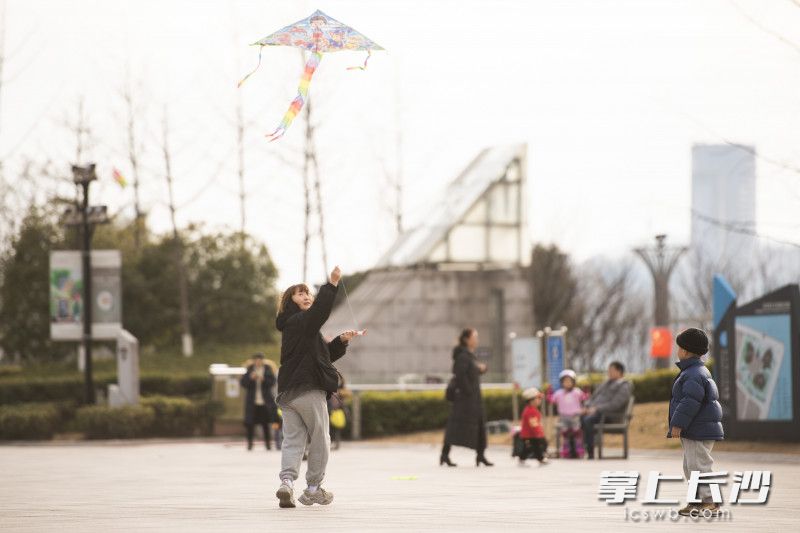 在滨江文化园，市民在暖阳里放风筝