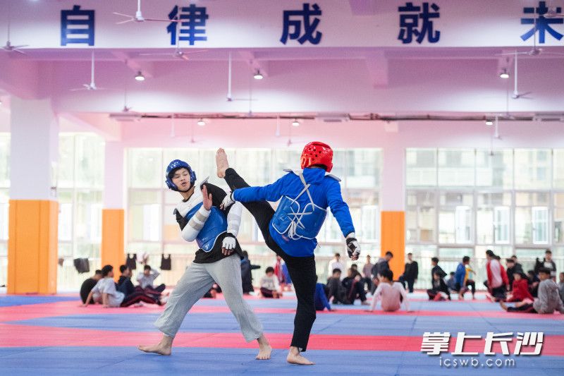 3月2日，在长沙市贺龙体育运动学校跆拳道训练馆，队员正在进行体能训练。长沙晚报全媒体记者 黄启晴 郭雨滴 摄