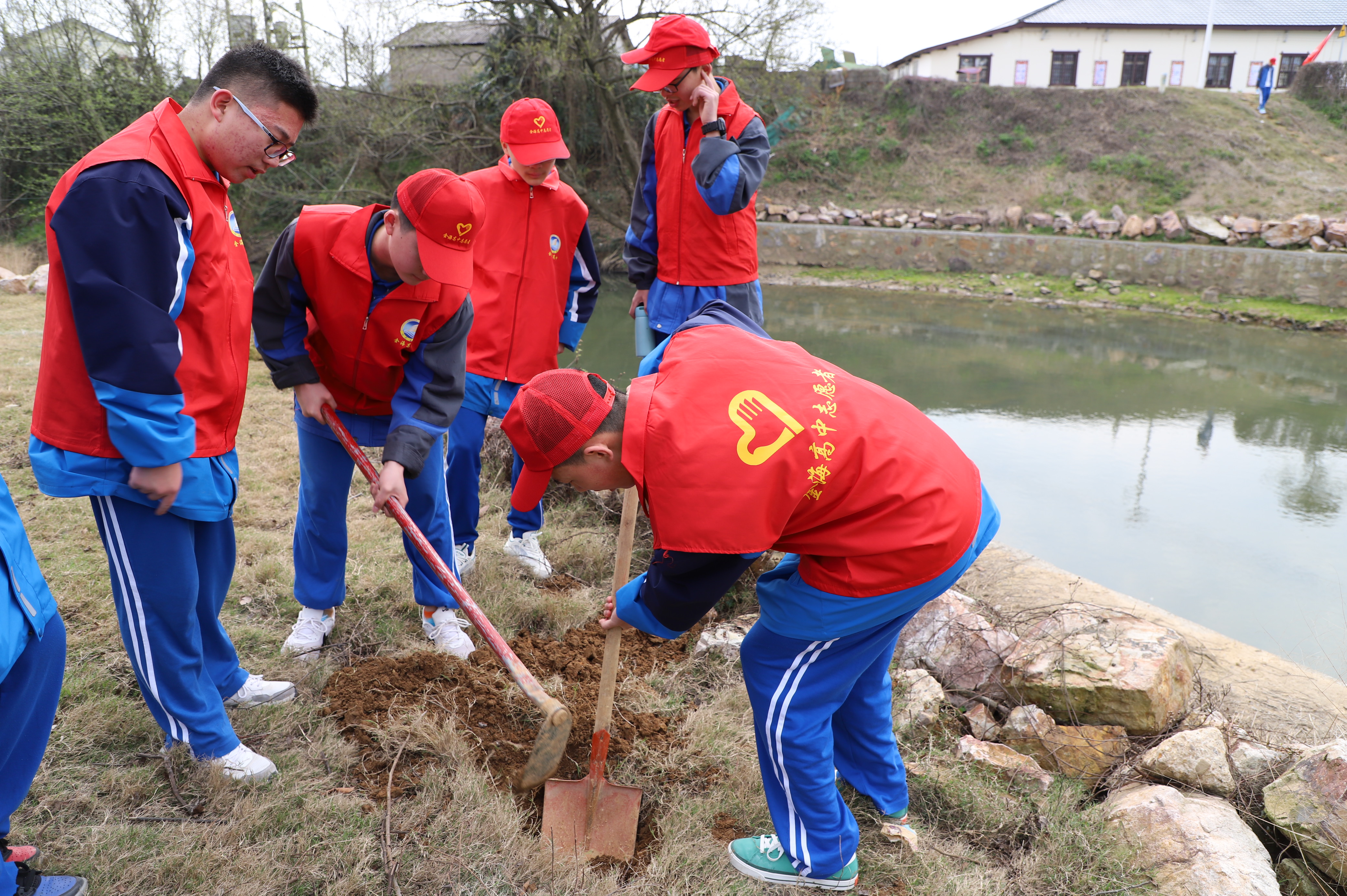 在老师指导下，金海高中的学生志愿者为美丽屋场添绿。均为长沙晚报通讯员 彭宇 摄