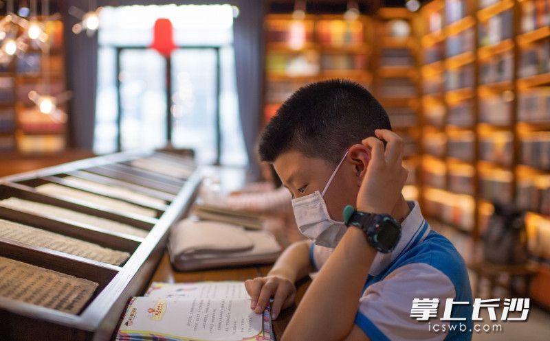 拙鱼书房内，一位小孩子正在看书。长沙晚报全媒体记者 邹麟 摄