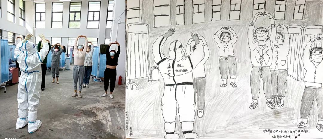 黄绘颗将队友带领方舱医院内患者做八段锦、正气操的场景，用铅笔手绘出来。