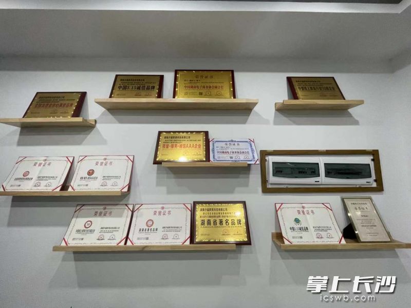 该公司墙壁上摆满了各种奖项牌匾，其总经理说，是网上的人帮忙办的。 