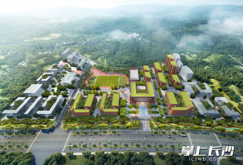 长沙市现代商贸中等职业学校新校区俯瞰效果图。