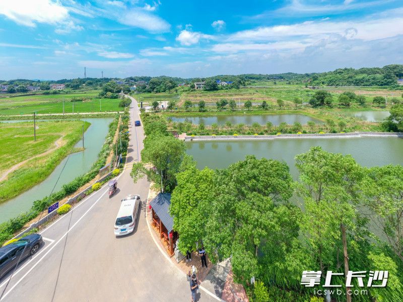 大成桥镇永盛村美丽屋场道路上，沿途水车、凉亭、小桥等景观不断闪现。