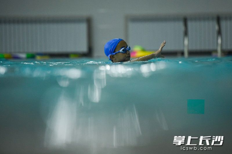 在谷山体育公园游泳馆，小朋友们在教练指导下进行游泳训练。