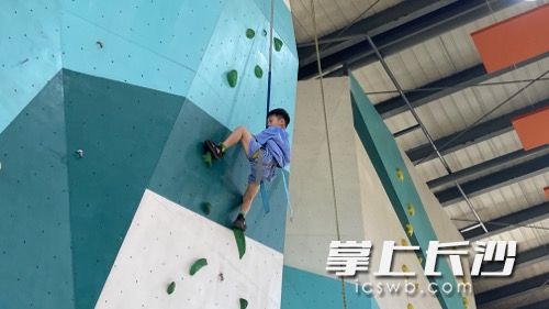 学校攀岩队的小队员正在进行训练。