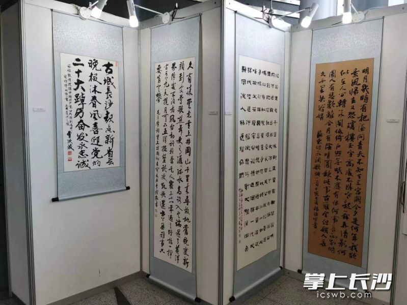 10日起，长沙晚报社（集团公司）“强省会 勇担当 喜迎二十大 党媒永忠诚”主题文艺创作大赛获奖作品在晚报大厦一楼大厅展出。