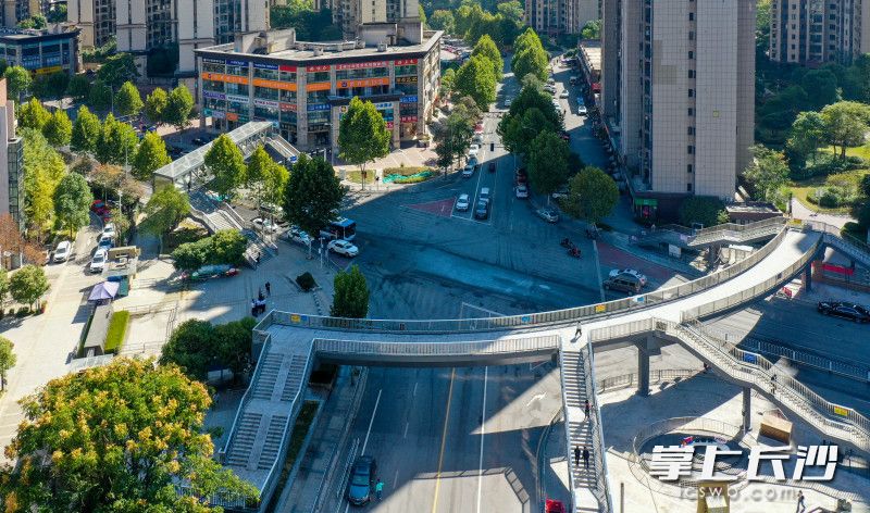 梅溪湖岳麓实验小学南门映日路跨踏雪路人行天桥目前已开放通行。长沙晚报全媒体记者 邹麟 摄