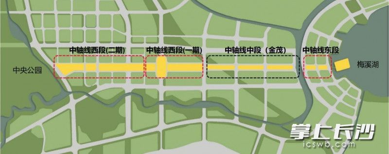 梅溪湖超级中轴分段建设示意图。