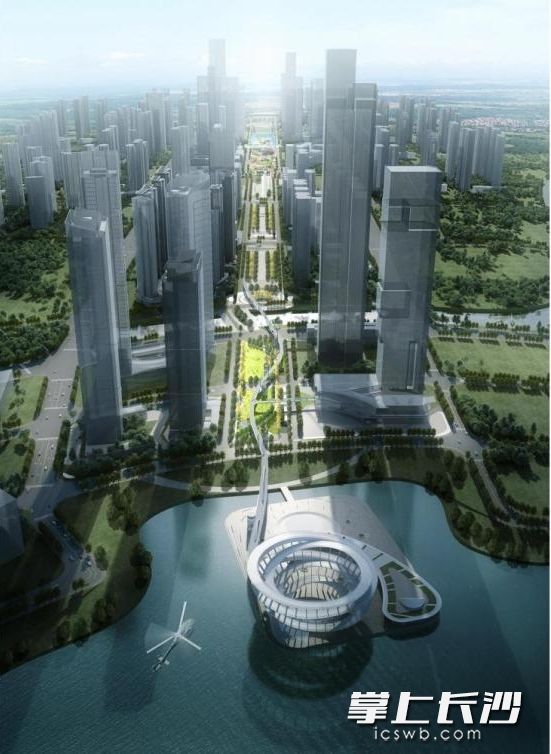 梅溪湖超级中轴东段鸟瞰图。