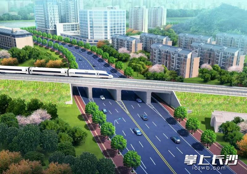 改造后由4个涵洞组成的39米宽框架桥取代原双向两车道老铁路桥。图为项目效果图。 改造后由4个涵洞组成的39米宽框架桥取代原双向两车道老铁路桥。图为项目效果图。