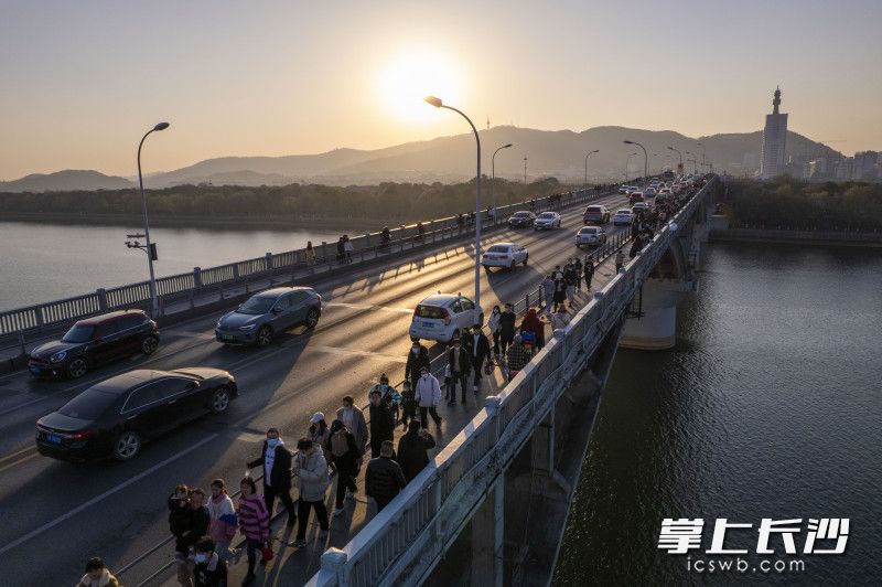 傍晚，游客步行经过橘子洲大桥前往市中心。均为长沙晚报全媒体记者 郭雨滴 摄