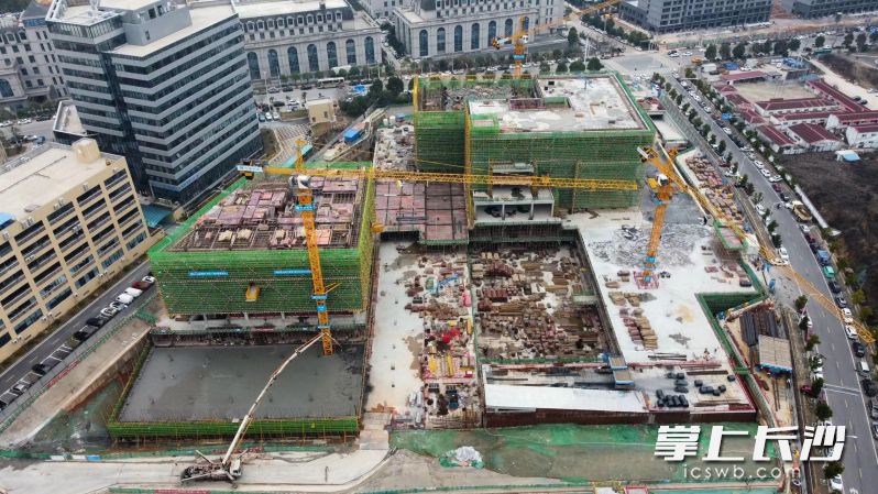 2月18日，同有科技存储系统及SSD研发智能制造基地项目A座裙楼已封顶，1号栋主楼已施工至5层。均为长沙晚报全媒体记者 陈焕明 通讯员 王蕾 李洁 摄影报道