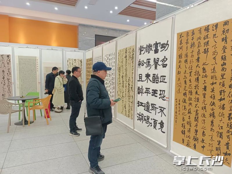 观众在欣赏书法作品。