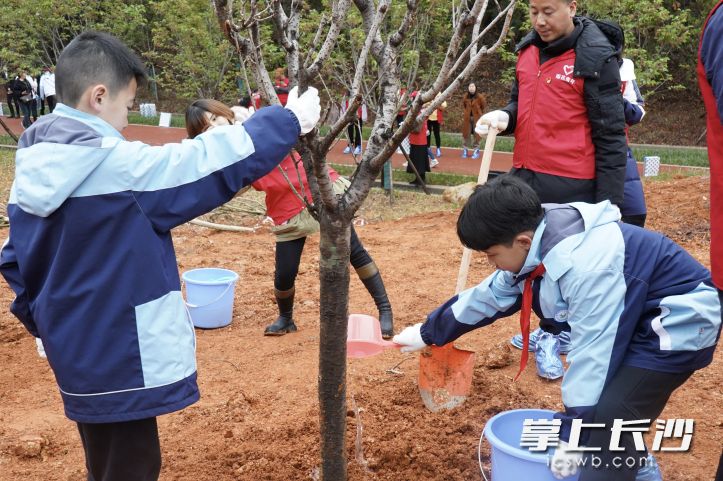 活动中，少先队员代表为美丽绿心增添新绿。