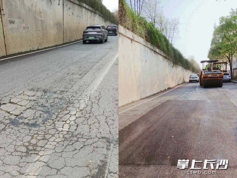 西北二环长望路跨线桥辅道修复前后对比。